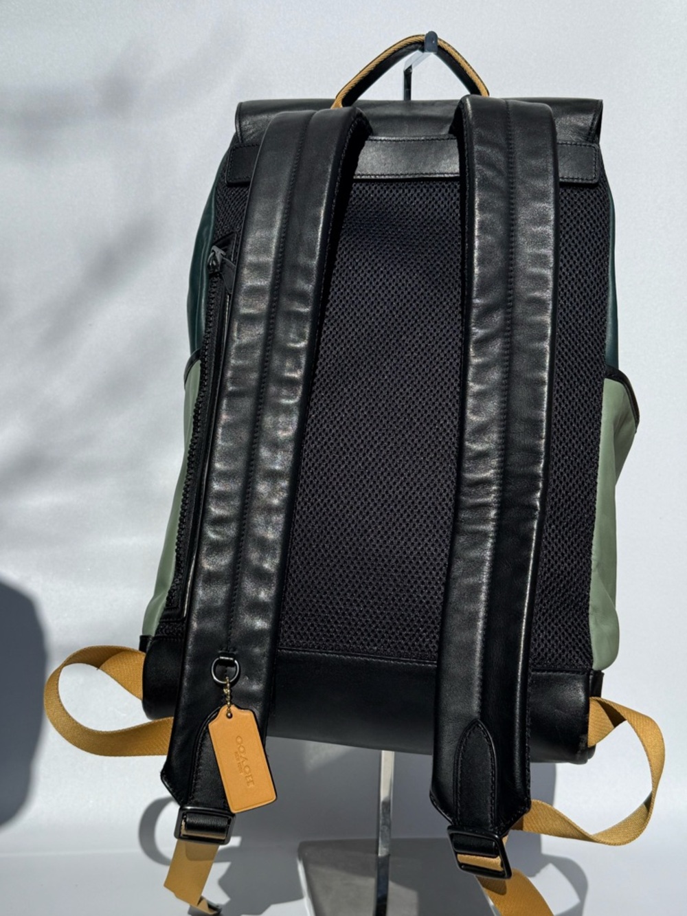Coach Unisex Coach Track Leather Backpack Green, Black and goldenrod. - Picture 2 of 9